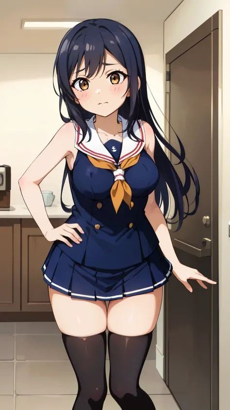 2 girls, by 2 person, Girl&#39;s brown eyes, Black Hair, Medium Long Hair, Inner Roll、(navy blue sailor suit:1.4),Indoors, Cafe、Very large breasts、Publish one&#39;Chest、裸Chest、blush、Embarrassing、Scary face、I&#39;m worried、Confused face、A face that feels、Pl...