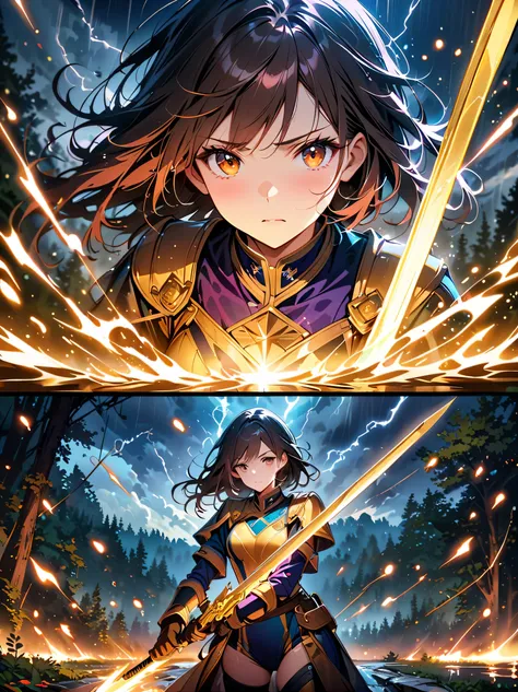 Fantasy, forest landscape photo, Swedish beauty, skin moist and shiny, (18-year-old female swordsman in a glittering battle uniform, with glittering golden decorations and a long sword that shines), (path, night, thunderstorm, terrible) cloudy, rainwater: ...