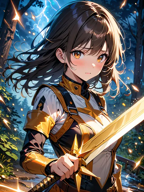 Fantasy, forest landscape photo, Swedish beauty, skin moist and shiny, (18-year-old female swordsman in a glittering battle uniform, with glittering golden decorations and a long sword that shines), (path, night, thunderstorm, terrible) cloudy, rainwater: ...