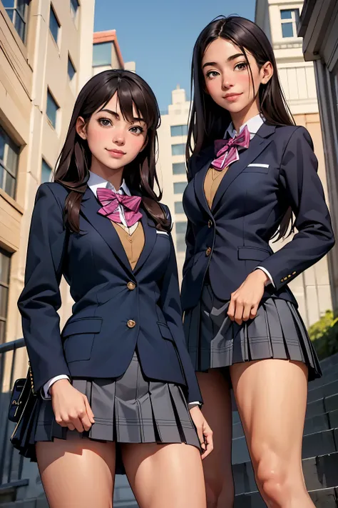 ((highest quality)), ((masterpiece)), (be familiar with),  (Two high school girls standing side by side)、brown hair、Navy blazer、Grey plaid skirt、navy blue socks、School bag、Smile、covert photography、Holding the skirt with your hands、(View from directly below...