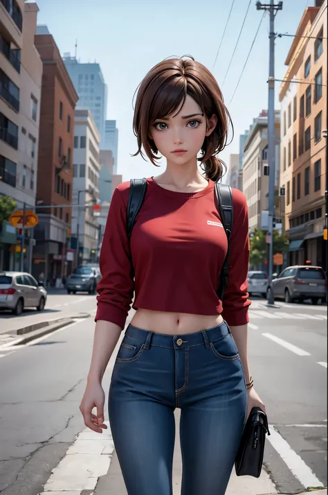 NSFW, Masterpiece, 1.4 Top Image 4K, Ellie The Last Of Us, Brown Hair, Red Shirt, Dark Blue Pants, Rendering In An Apocalyptic City, Showing Panties, Ultra Realistic, 4K Wallpaper, EnvyBetterHands LoCon.