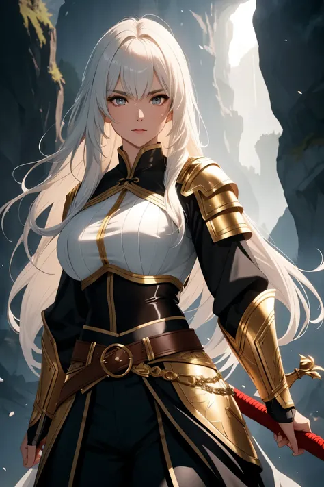 Generate an image of a majestic Swedish female warrior riding a horse, wearing a shiny armor and holding a sword up towards the sky. The warrior has long, flowing black hair with white highlights in the middle, thick wavy eyebrows, sharp almond-shaped eyes...