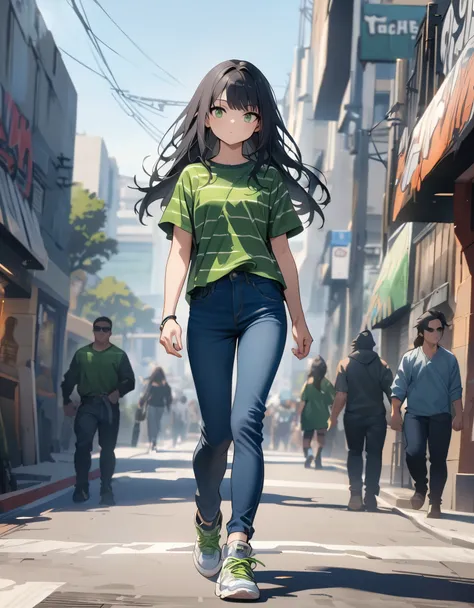 masterpiece, highest quality, solo, solo focus, (perfect face:1.1), (high detail:1.1), 1girl. age 26, street brawler, los angeles street backdrop, (black hair, long hair, right side bangs), green eyes, green striped t-shirt, blue jeans, sneakers, walking, ...