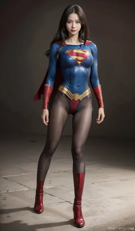 No background、(((Beautiful legs in black tights.)))、(((Legally express the beauty of your smile)))、((((Make the most of your original images)))、(((Supergirl Costume)))、(((Beautiful Hair)))、(((suffering)))、(((Please wear black tights....、Wear red boots)))、(...