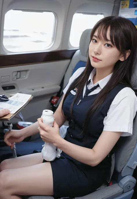 side view of a airline hostess floating with her clivage showing.