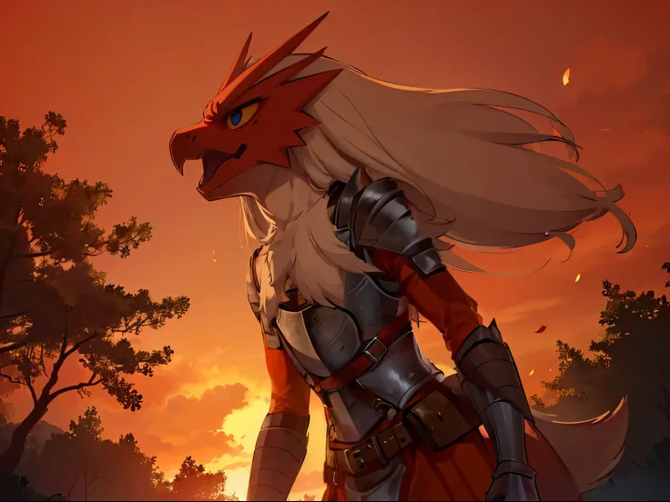 ((((steel armor))), (((steel male chest plate))), ((adventurer gear)), ((harness)), epic. dark lighting, heavy shadows, orange/red atmosphere, red/orange lighting. ((red/orange sky)), very good figure, masterpiece, best quality, 16k 