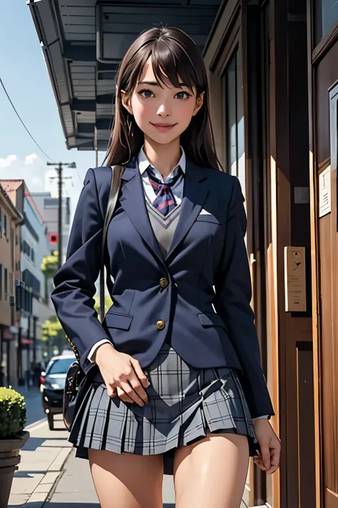 ((highest quality)), ((masterpiece)), (be familiar with),  (two high school girls standing side by side)、brown hair、navy blazer、...