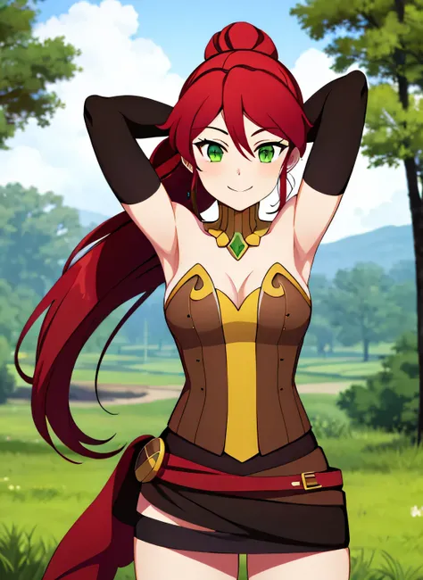 ((best quality)), ((highly detailed)), absurdres, (detailed eyes, deep eyes), (1girl), pyrrha nikos, rwby, red hair, ponytail, green eyes, medium breasts, smiling, circlet, bustier, bare shoulders, skirt, elbow gloves, bracers, solo, (cowboy shot:1.5), nig...