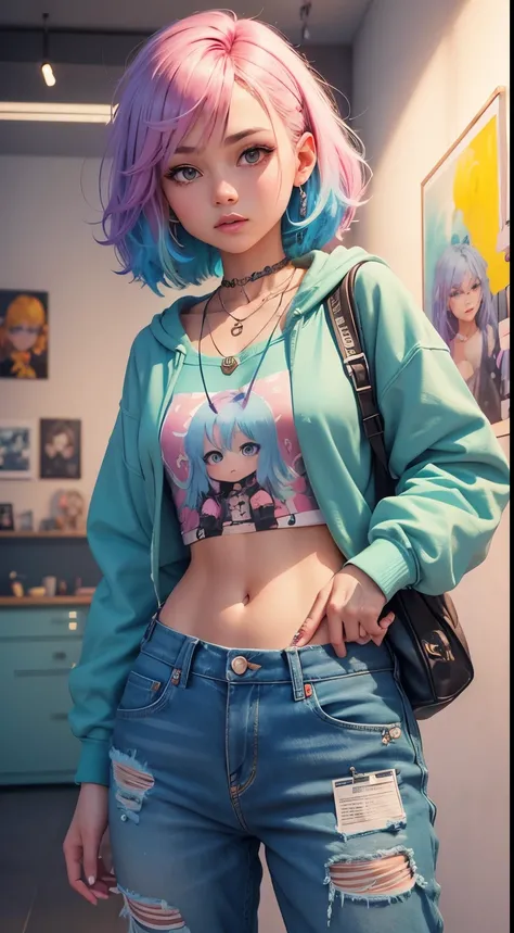 Create a girl cute and bright cartoon illustration,With lots of tattoos, rainbow color hair, punk necklace, Soft blue short sweatshirt, long levis trousers, cool pose, background Funk room full of paintings. 3D art, fine details, rich colors, clay texture,...