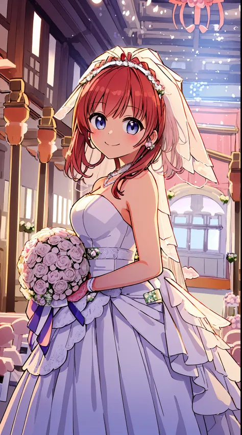 beautiful lighting, 1girl in, solo, Akane, ((anime styled))、((2D))、a closeup、(((wedding decoration for camera、A smile、(((wedding hall)))