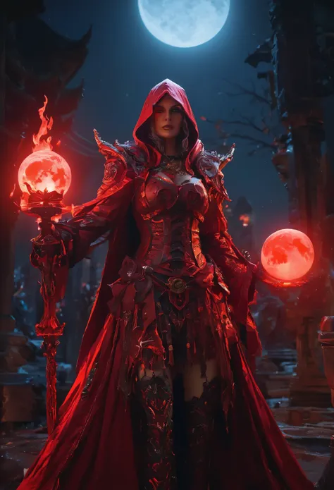 Red Necromancer, Blood Moon, Ray Tracing, masterpiece, highest quality, super high quality, 不条理なdetailed, best Light, Best Shadow, sharp, sharp image, detailed, extremely detailed, Amazing resolution, 8k, 4K, Ultra-high resolution, Particle Effects, Beauti...