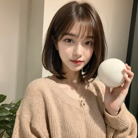 Arabian Asian woman holding a white object in her hand, Short hair, short Brown hair with bangs, Short hair with bangs, Neat hairstyle with bangs, Young and adorable Korean face, ジェルを使ったshortヘア, Gorgeous Young Korean Woman, short～Medium Hair, Brown hair wi...