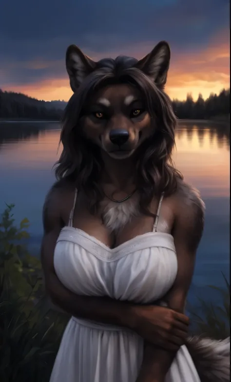 Wolf, long snout, anthro, portrait, full body, (((full body portrait))), (((small white dress))), (((dark brownish gray face))), (((raised hair))), (((dark brownish gray chest))), (((dark brownish gray snout))), (((dark brownish gray face))), (((dark brown...