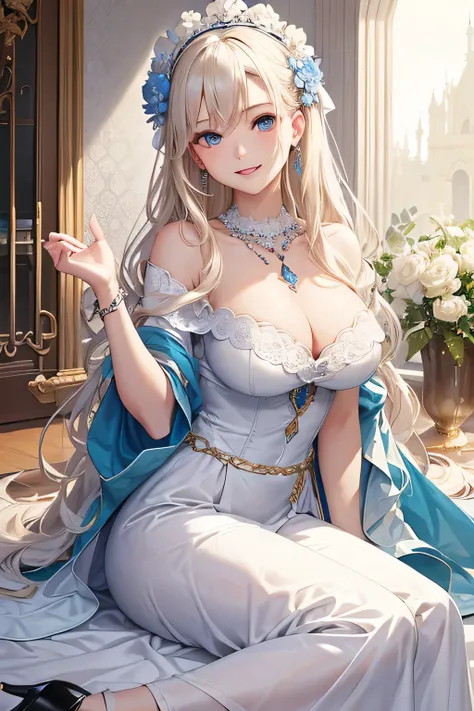 (masterpiece、highest quality、highest quality、Official Art、Beautiful and aesthetic:1.2)Platinum blonde wavy hair、Adult women、A charming smile、blue eyes、big breasts、Earrings、necklace、bracelet