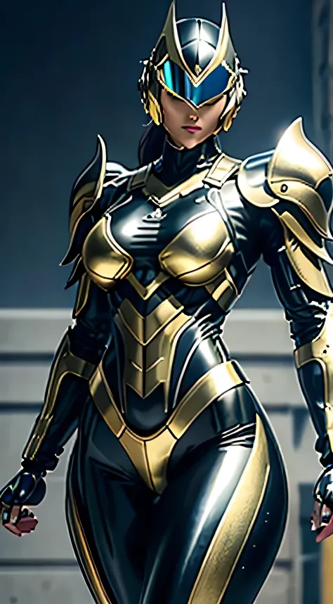 Female Robocop Solo、Bright outdoors、strong light source、8K, high quality, masterpiece, 最high quality、very detailed、Armor that completely covers the whole body、very large armor、Helmet covering the head、clear pictures、The eyes are hidden by thin, straight go...