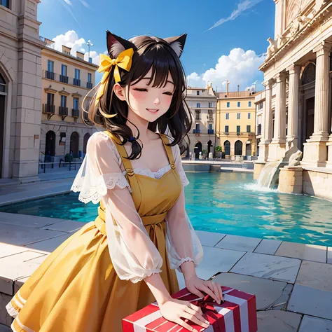 Cat with ochre ribbon、Hair ochre、ocher eyes、Ocher clothes、Gift box、Closed eyes that laughed、Appearance of being happy and cheerful、Trevi Fountain