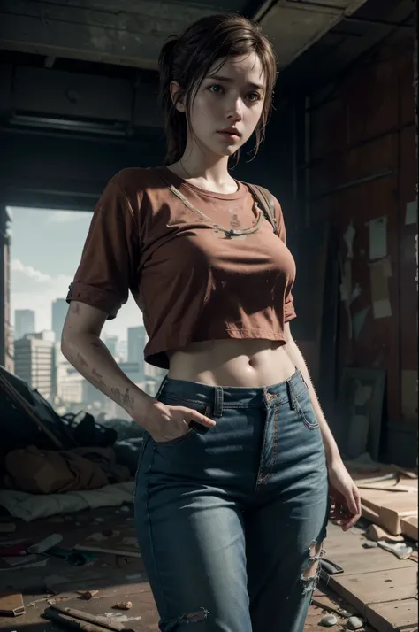 NSFW, Masterpiece, 1.4 Top Image 4K, Ellie The Last Of Us, Brown Hair, Red Shirt, Dark Blue Pants, Rendering In An Apocalyptic City, Showing Panties, Ultra Realistic, 4K Wallpaper, EnvyBetterHands LoCon.