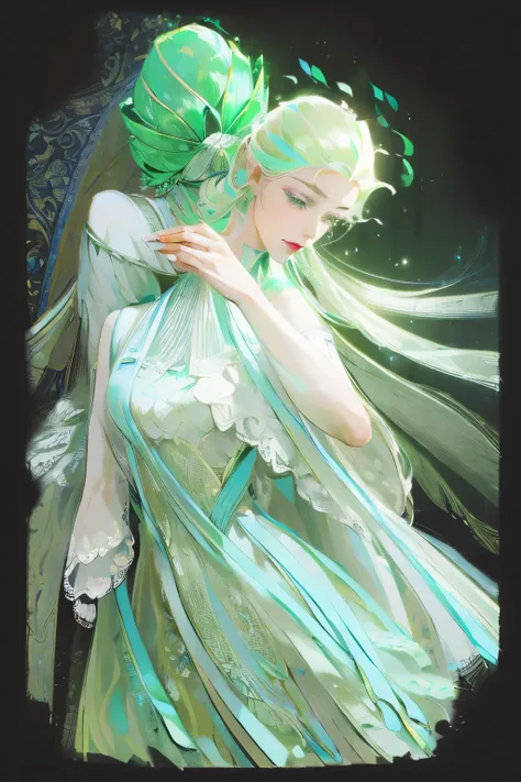 ((High quality work)), Clean and simple lines, The green dress and beautiful ruffled lace complement each other, Enriches the layering of the entire picture, Elegant Edwardian lace dresses and princess dresses add a lot of color to the characters, Gesture ...