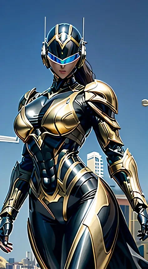 Female Robocop Solo、Bright outdoors、strong light source、8K, high quality, masterpiece, 最high quality、very detailed、Armor that completely covers the whole body、very large armor、Helmet covering the head、clear pictures、The eyes are hidden by thin, straight go...