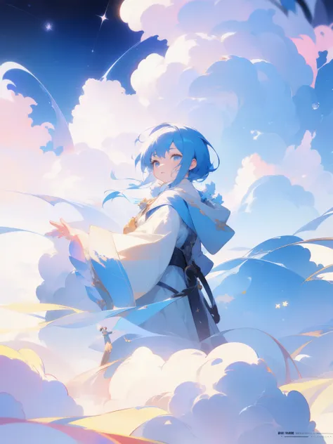 (best quality,4K,8k,high resolution,masterpiece:1.2), The girl in the clouds has hair as fluffy as clouds, tiny stars, fantasy illustrations, Dreamy colors, Children&#39;s illustration style.Vibrant colors