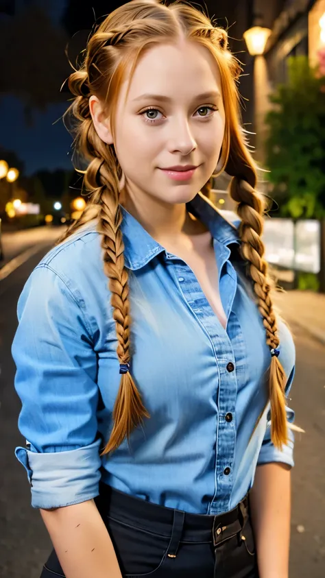 a close up of a woman with long hair wearing a denim shirt, two braids, braided brown hair, red braided hair, braided hair. nightime, braids, gorgeous hair, complex redhead braided hair, woman with braided brown hair, red intricate long braids, pigtail bra...