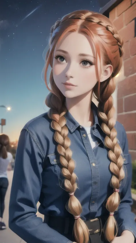 a close up of a woman with long hair wearing a denim shirt, two braids, braided brown hair, red braided hair, braided hair. nightime, braids, gorgeous hair, complex redhead braided hair, woman with braided brown hair, red intricate long braids, pigtail bra...