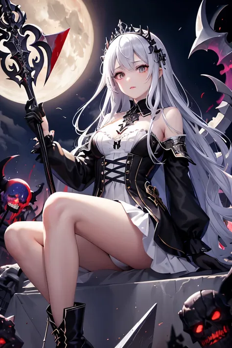 （（（highest quality、Masterpiece、Normal body、8k、Detailed face、Ultra-precision、Normal hand、Normal finger、５Finger、supreme）））Golden and silver hair、Princess、Gorgeous Dress、White and black skirt、Shiny Tiara、night armor、metal boots、death scythe、grim Reaperの鎌、Grim...