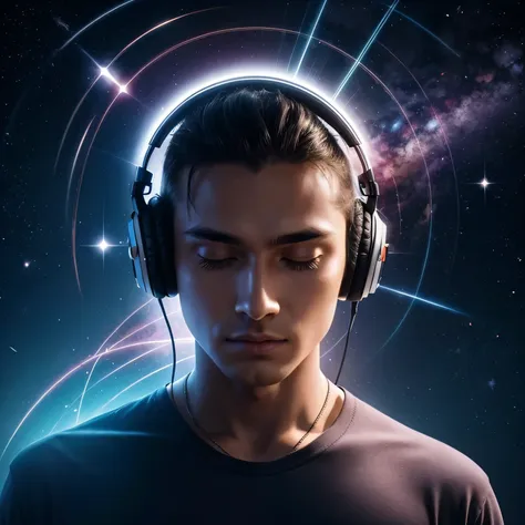 close up of a person with big headphones on and a glowing star in the background, consciousness projection, meditating, enlighte...