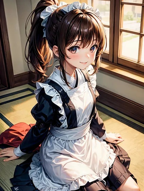 highest quality,Best Image,Japanese,Small breasts,Brown hair long,Elementary school girl,Beautiful girl,smile,Maid clothes,ponytail