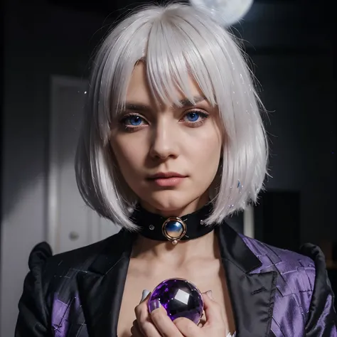 White hair and Black suit and yellow moon at the back onhand the violet crystal ball and blue crystal eye