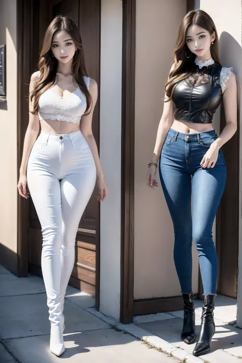 ((Realistic lighting, best quality, 8K, masterpiece:1.3)), (Lock focus:1.2), (2 sisters),(Beautiful woman with perfect figure:1.4), : 2 beautiful Korean girls, Korean pop idol，Leg length，(Pale skin), (big eyes),（Smile：0.8），（Plump and sexy lips）， Complex an...