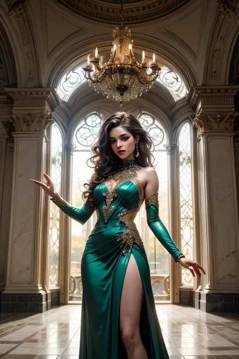 1 girl with long light brown curly wavey hair, and  green long dress, beautiful brown skin, and green eyes, in a fantasy, and magical,  beatiful white marble palace, High quality, beatifully detailed