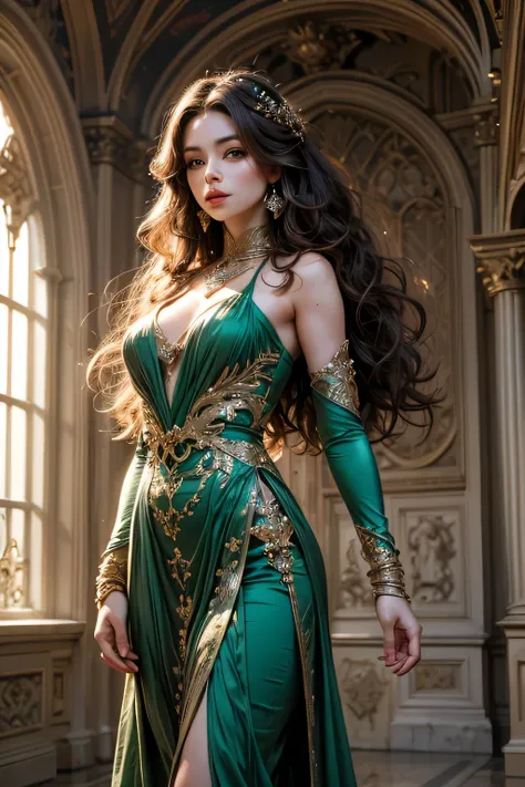 1 girl with long light brown curly wavey hair, and  green long dress, beautiful brown skin, and green eyes, in a fantasy, and magical,  beatiful white marble palace, High quality, beatifully detailed