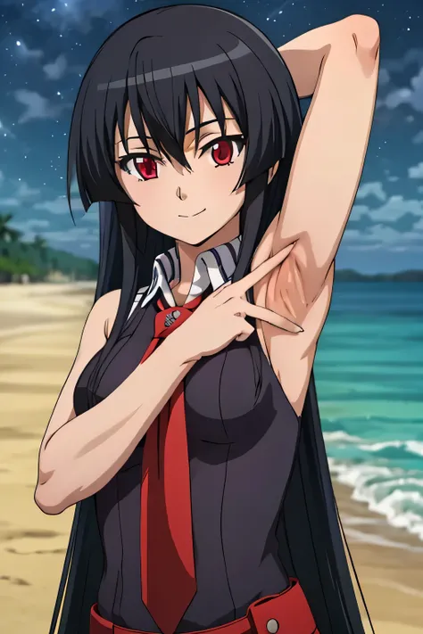 solo, 1girl, looking at viewer, 2D, anime, anime coloring, akame, necktie, sleeveless, looking at viewer, closed mouth, small smile, solo, night sky, beach, arms behind head, contrapposto, spread armpits, closed mouth, smile, upper body,