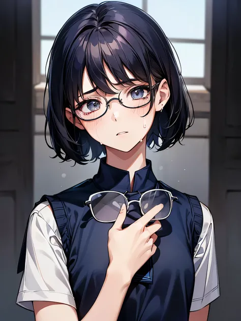 1 girl, alone, 15 years old, pretty girl, highest quality, Very detailed, 8k, High resolution, Detailed face, Black Hair, Are crying:1.5 (((school uniform, Dark Blue Vest, Short sleeve, Wear glasses))),