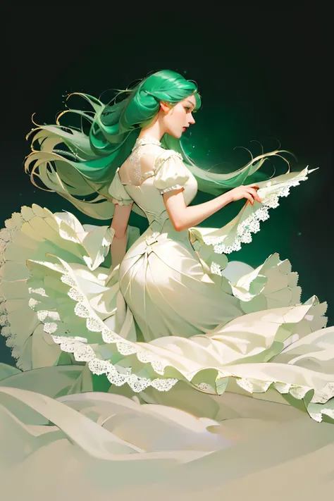 ((High quality work)), Clean and simple lines, The green dress and beautiful ruffled lace complement each other, Enriches the layering of the entire picture, Elegant Edwardian lace dresses and princess dresses add a lot of color to the characters, Gesture ...