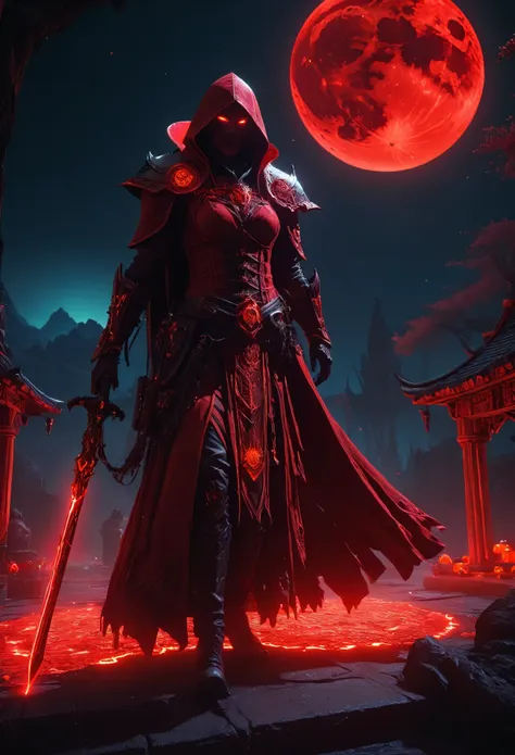 red necromancer, blood moon, ray tracing, masterpiece, highest quality, super high quality, 不条理なdetailed, best light, best shado...