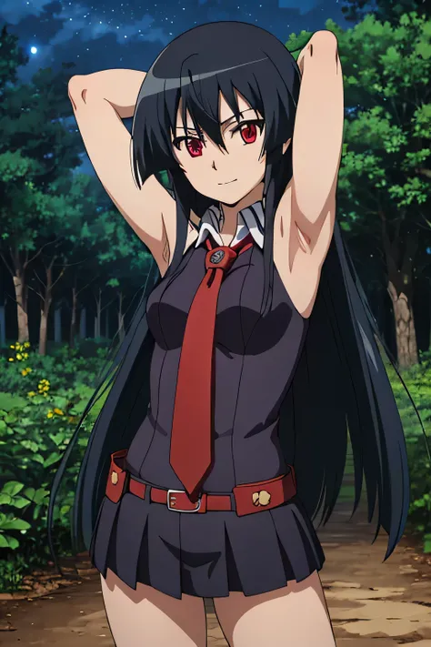 solo, 1girl, looking at viewer, 2D, anime, anime coloring, (cowboy shot:1.5), akame, necktie, sleeveless, looking at viewer, closed mouth, small smile, solo, night sky, forest, {arms behind head}, contrapposto, spread armpits,