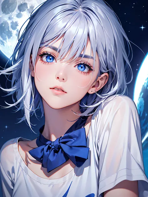 highest quality、Realistic、Night Sky、full moon、moonlight、girl、zoom、look up、cute、cobalt blue eyes、Silver Hair、Short Hair、White T-shirt、Face close-up、slender