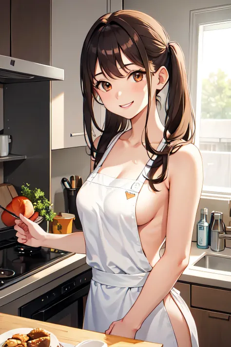 1girl,20y.o,just wear an apron,brown hair,mullet haircut,long hair,brown eyes,Kitchen background,naked,smile expression
