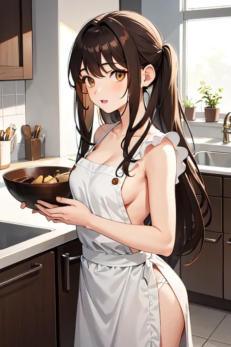 1girl,20y.o,just wear an apron,brown hair,mullet haircut,long hair,brown eyes,Kitchen background,naked
