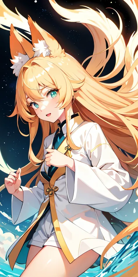 A kitsune with long golden blonde hair, green eyes, light brown skin, and freckled cheeks wearing white clothing with blue accents