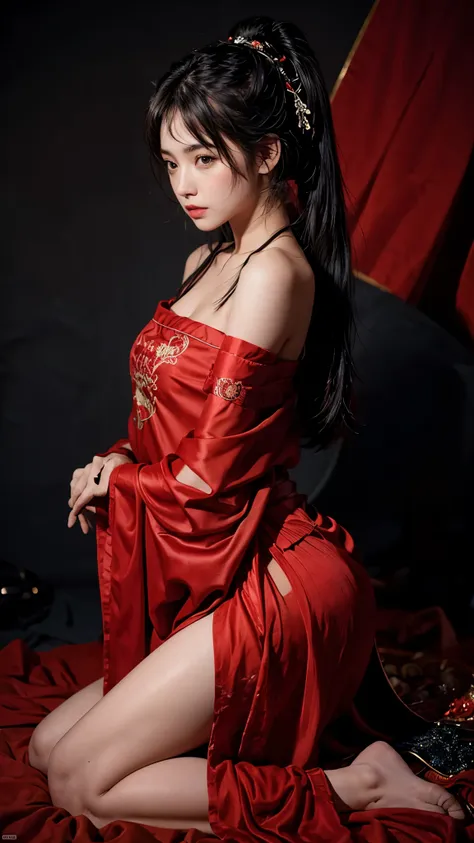 flat style, flat colors, 1girl, side view, samurai girl, black hair, long hair, ponytail, seducing viewer, hearts, female focus, off-shoulder kimono, posing, suggestive pose, kneeling, red theme, (red) and black background, magazine cover, helvetica bold  ...