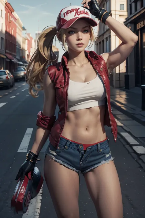 (masterpiece), best quality, expressive eyes, perfect face, highres, (8k), (perfect face), (ultra details), 1 girl, solo, terry bogard girl, blonde hair, ponytail, blue eyes, long hair, red short jacket, baseball cap, fingerless gloves, denim shorts, shoes...