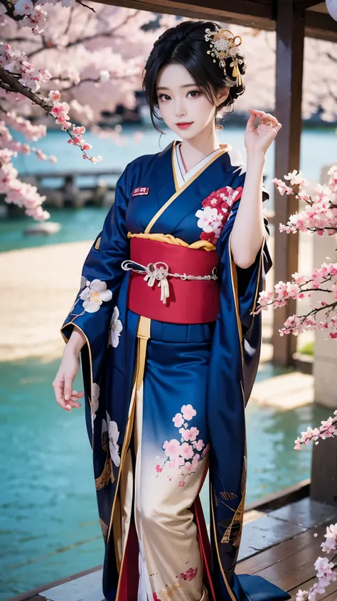 one girl,black hair, floating hair, seaside,景color,landscape,cherry blossoms, falling petals, sunbeam,god&#39;s rays,upper body,...