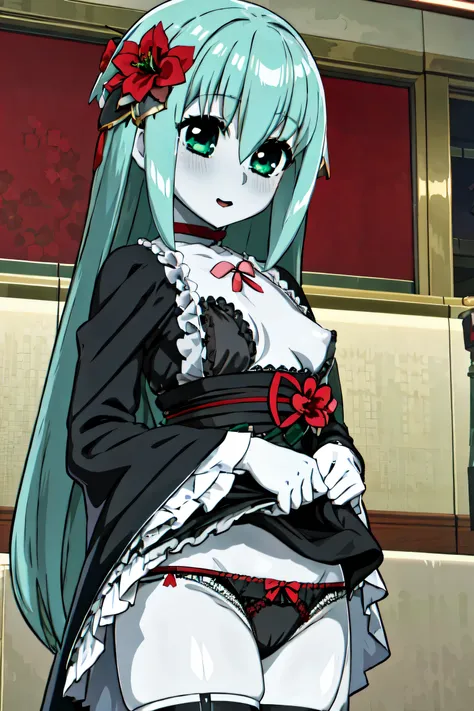 1 Girl、Silver Hair、Pale skin、Long Hair、Red flower hair ornament、Emerald green eyes、Small breasts、Short、Gothic Lolita Clothing、Big city、High resolution、highest quality、Detailed face、Anime Moe Art Style、abdomen、Cowboy Shot、healthy、Puffy nipples、Anime Best Gi...