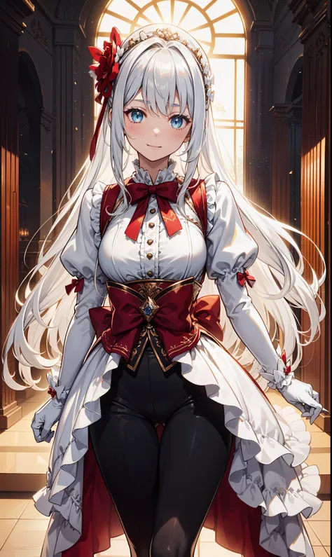 teenage girl，Attractions，having fun，in love，(Girl wearing black high-waisted trousers and tights with delicate embroidery)，(White ruffled bow gloves)，White hair，Blue eyes，The upper body is a semi-transparent white shirt，Sacred headdress，Transparent lace，ex...