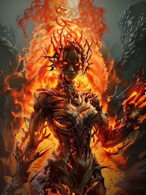 (theelementoffire:1.1),Composed of fire elements,(1个Giant Breast Girl:1.2),on fire,transparency,firey,(Molten rock),Flame skin,Flame print,fiery hair,smokes,​​clouds,Chopping,,A girl wrapped in flames, the flames soar and emit sparks,Burning hands,Transluc...