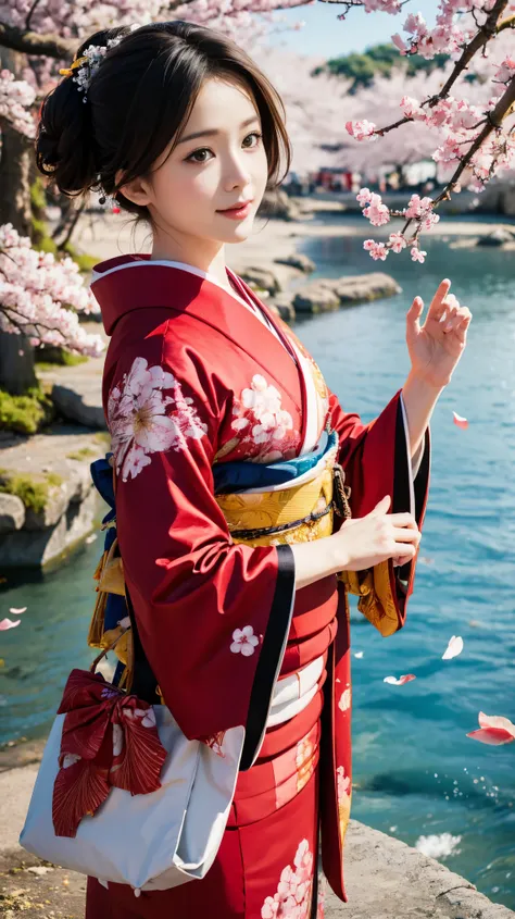 One girl,Black Hair, floating hair, Seaside,景color,landscape,cherry blossoms, Falling petals, Sunbeam,God&#39;s Rays,Upper Body,  color,dress,kimono