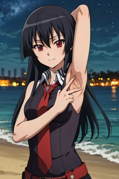solo, 1girl, looking at viewer, 2D, anime, anime coloring, akame, necktie, sleeveless, looking at viewer, closed mouth, small smile, solo, night sky, beach, arms behind head, contrapposto, spread armpits, closed mouth, smile, upper body,